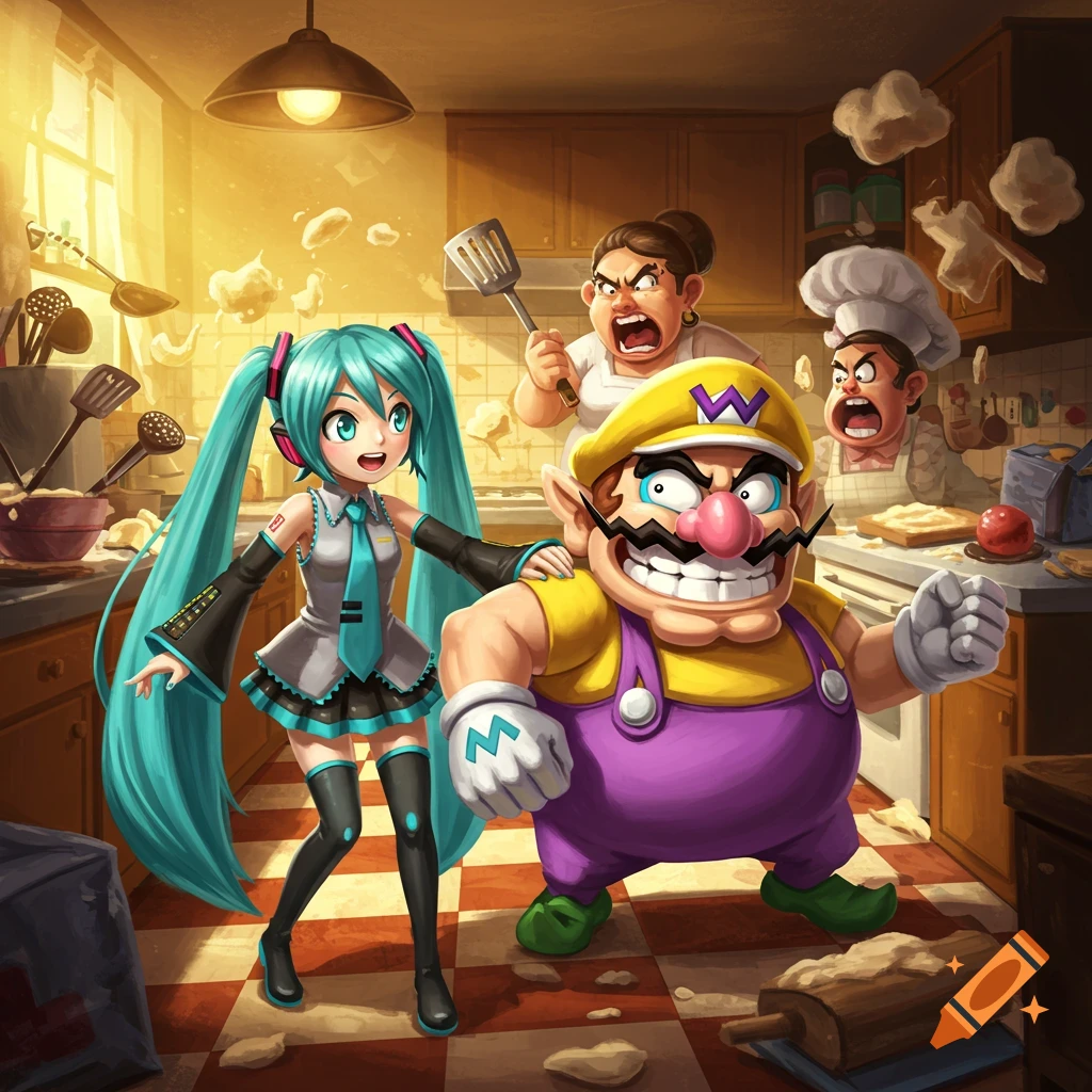 Hatsune Miku and Wario stand smiling in a chaotic kitchen, while two angry adults shout in the background. The kitchen is messy with flour and cooking utensils.