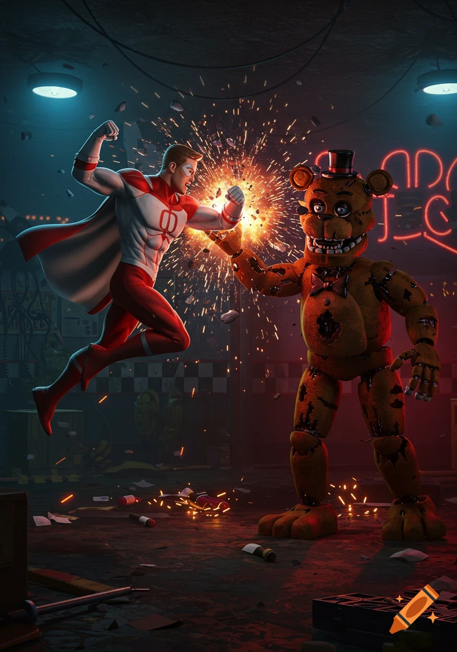 Omni-Man in a red and white suit punches a damaged Freddy Fazbear, creating an explosion of sparks in a dark, cluttered room.