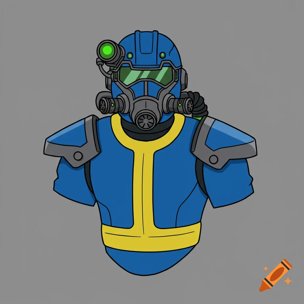 Bust of a cartoon character wearing a blue and yellow Fallout-style suit, gas mask, and helmet with a green light.