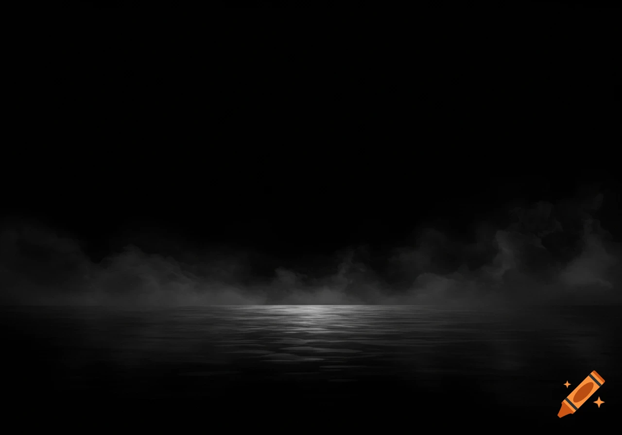 A dark, monochromatic scene of misty water under a pitch black sky with a faint light reflection.