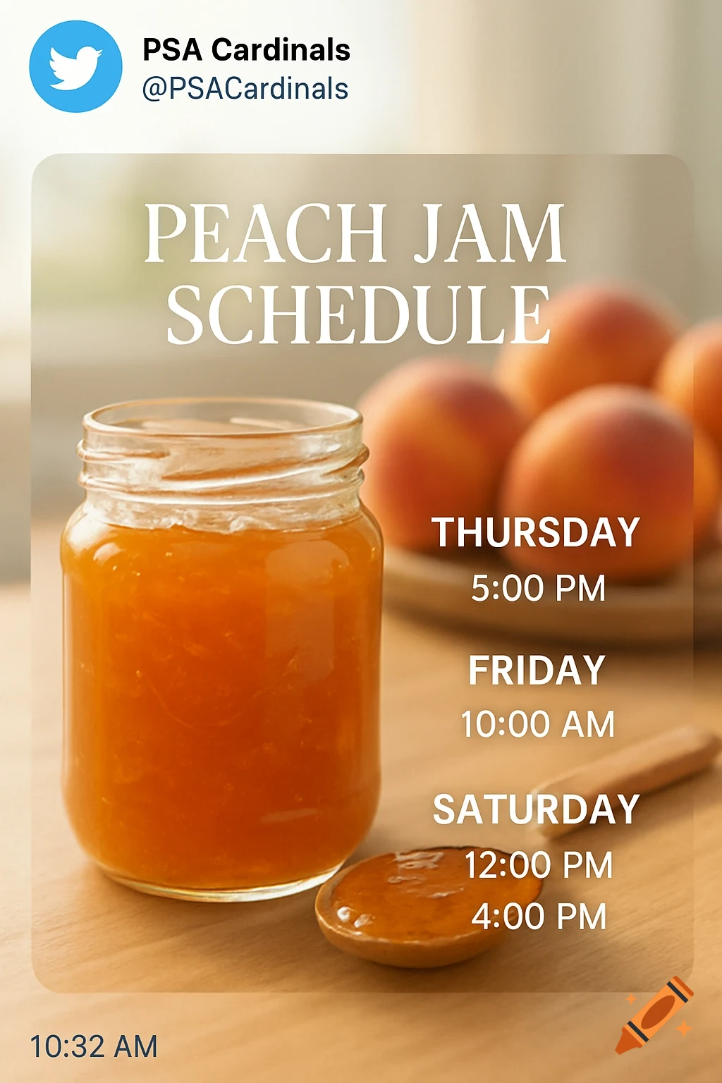 A Twitter post showing a jar of peach jam, a spoon with jam, and blurred peaches. Text reads 'PEACH JAM SCHEDULE' with a daily schedule.