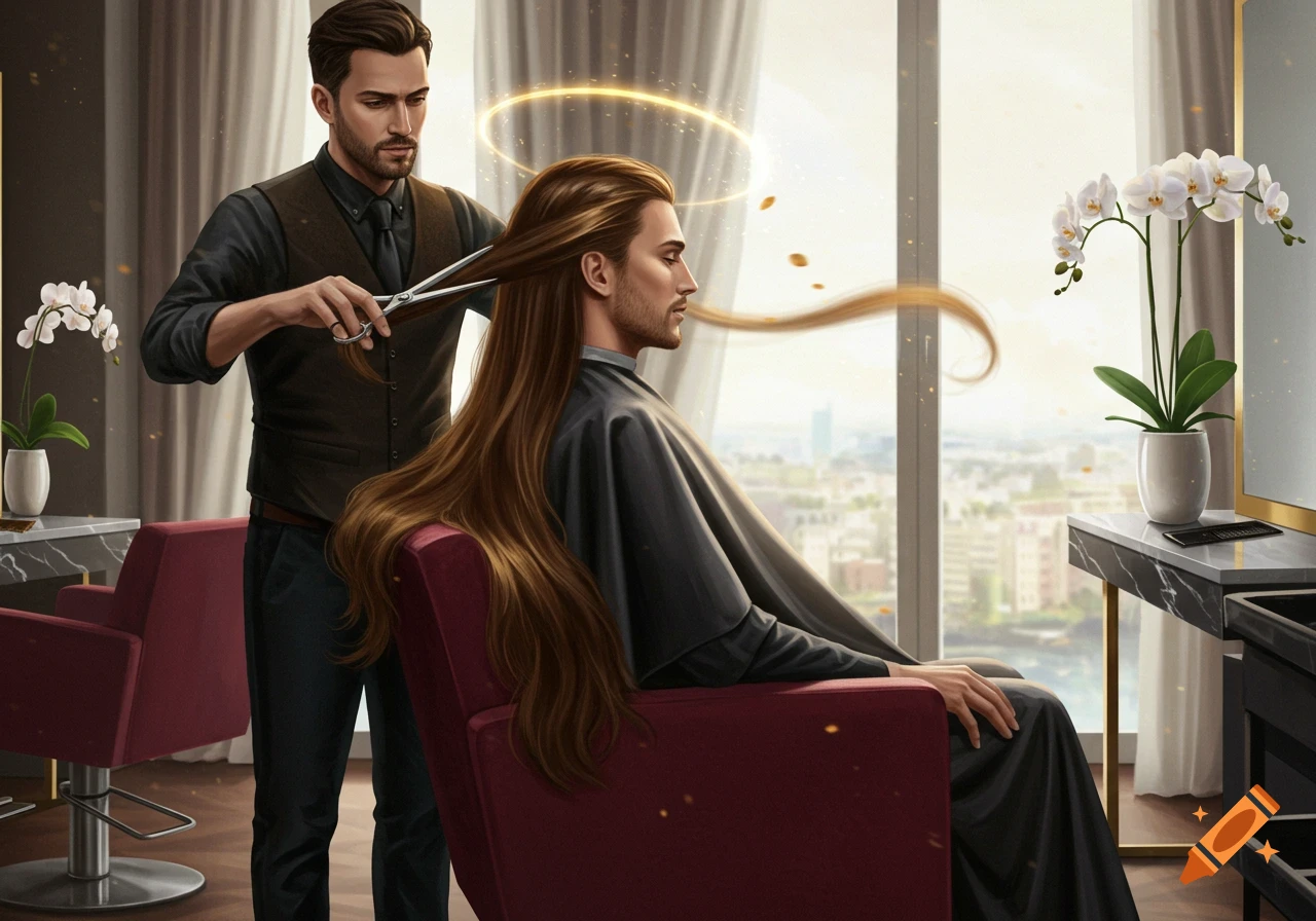 A barber cuts the long, flowing brown hair of a man sitting in a chair, with a golden halo and floating particles, in a salon overlooking a city.