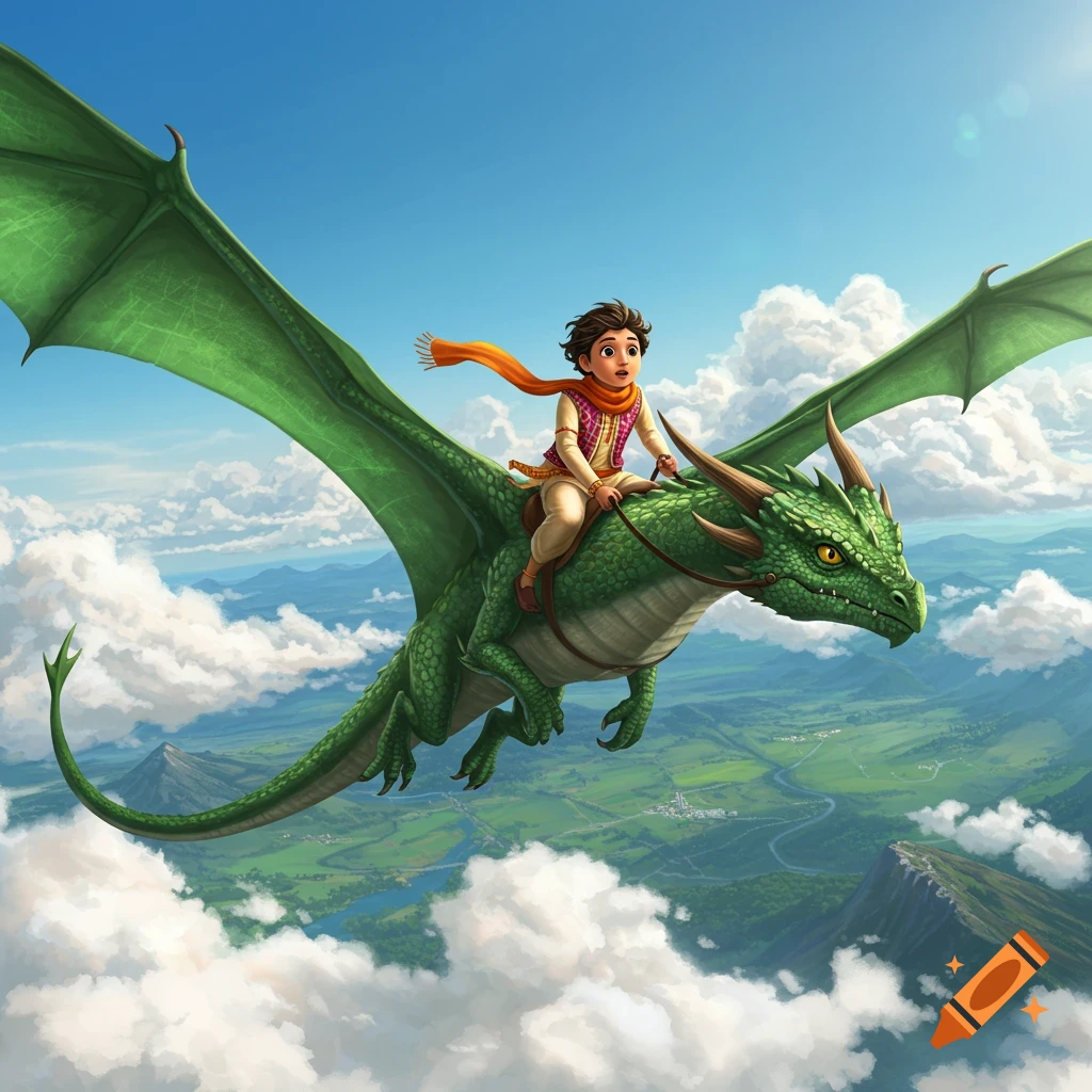 A young Indian boy with an orange scarf rides a green dragon through a cloudy blue sky, looking up with a surprised expression.