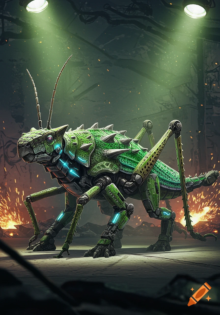 A menacing green robotic insect-dinosaur hybrid stands in a dark industrial setting with sparks flying.