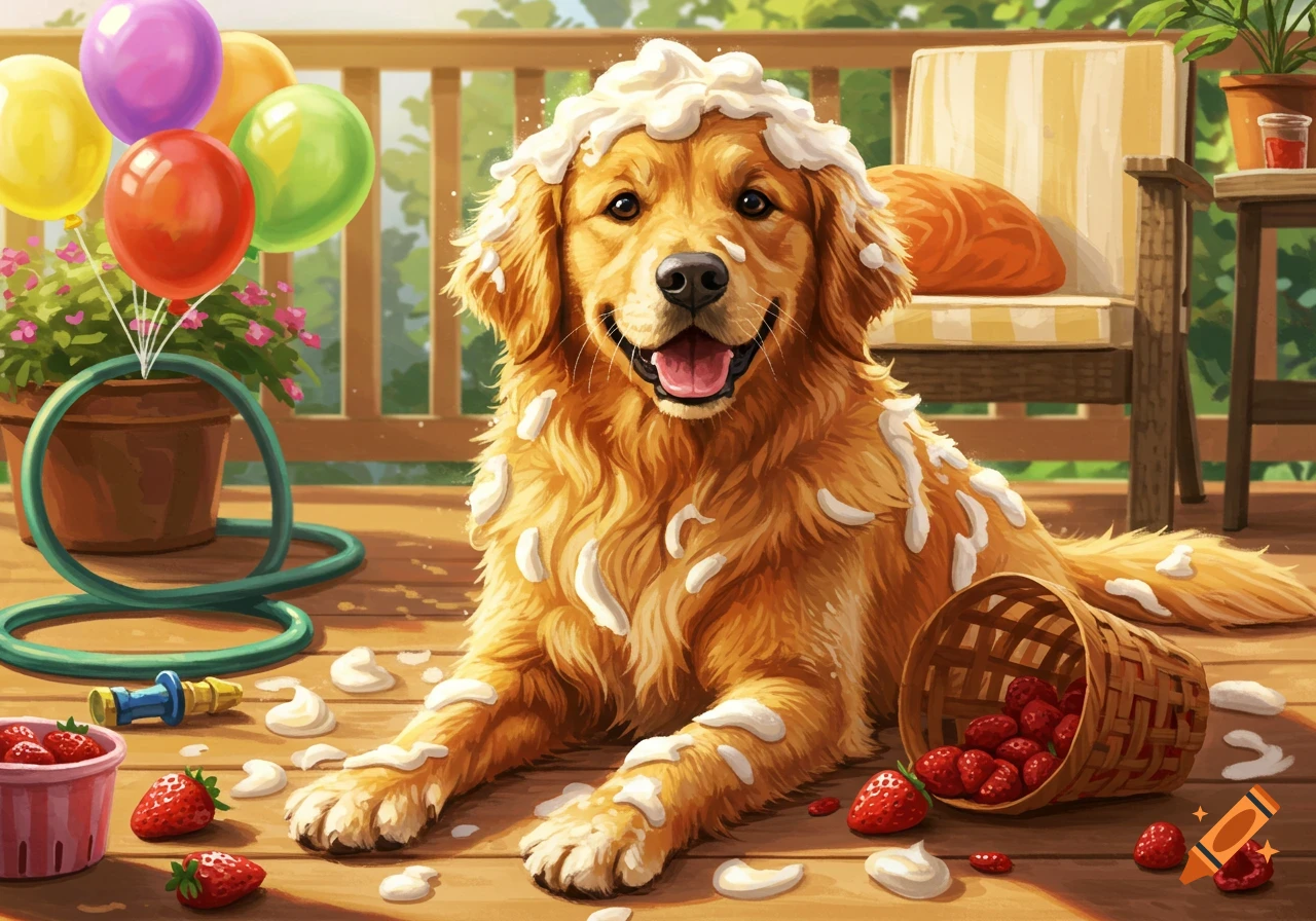 A happy Golden Retriever covered in whipped cream lies on a wooden deck with balloons and strawberries in a colorful illustration.