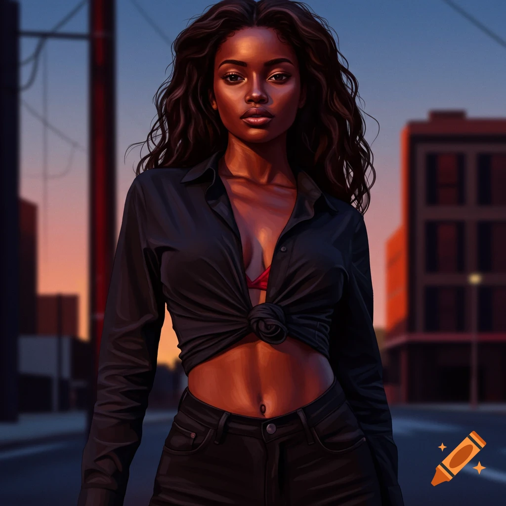Photorealistic portrait of a dark-skinned woman in a tied black shirt and low-rise jeans in an urban setting at sunset.