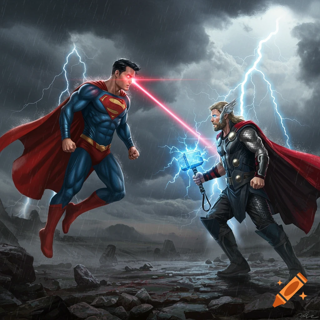 Superman with red laser eyes battles Thor with lightning-charged Mjolnir amidst a stormy, rocky landscape.