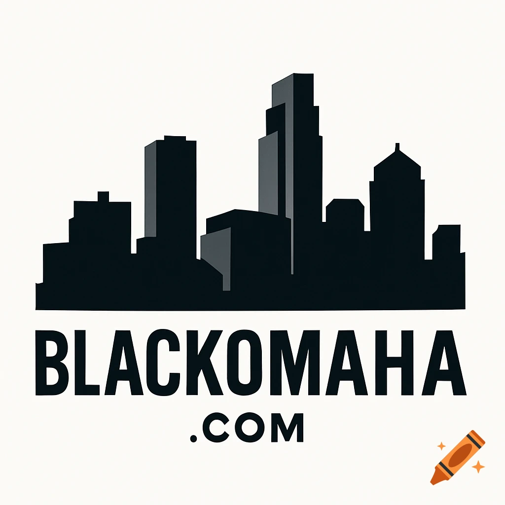 Minimalist brand logo with a dark city skyline silhouette above "BLACKOMAHA.COM" text.