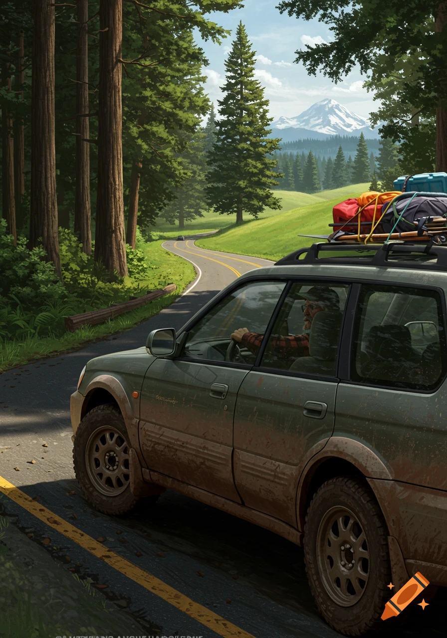 A green SUV with gear on its roof drives on a winding road through a forest towards a snowy mountain.