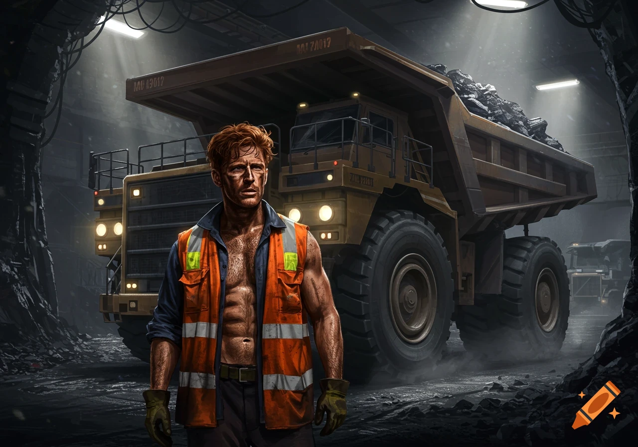 A soot-covered, muscular man in an orange safety vest stands before a large yellow mining haul truck filled with coal in a dark mine, photorealistic style.