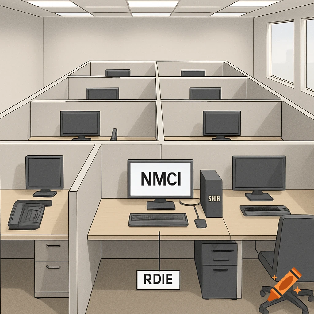 A diagram of an office with multiple cubicles, computers, a telephone, and labels NMCI and RDIE.