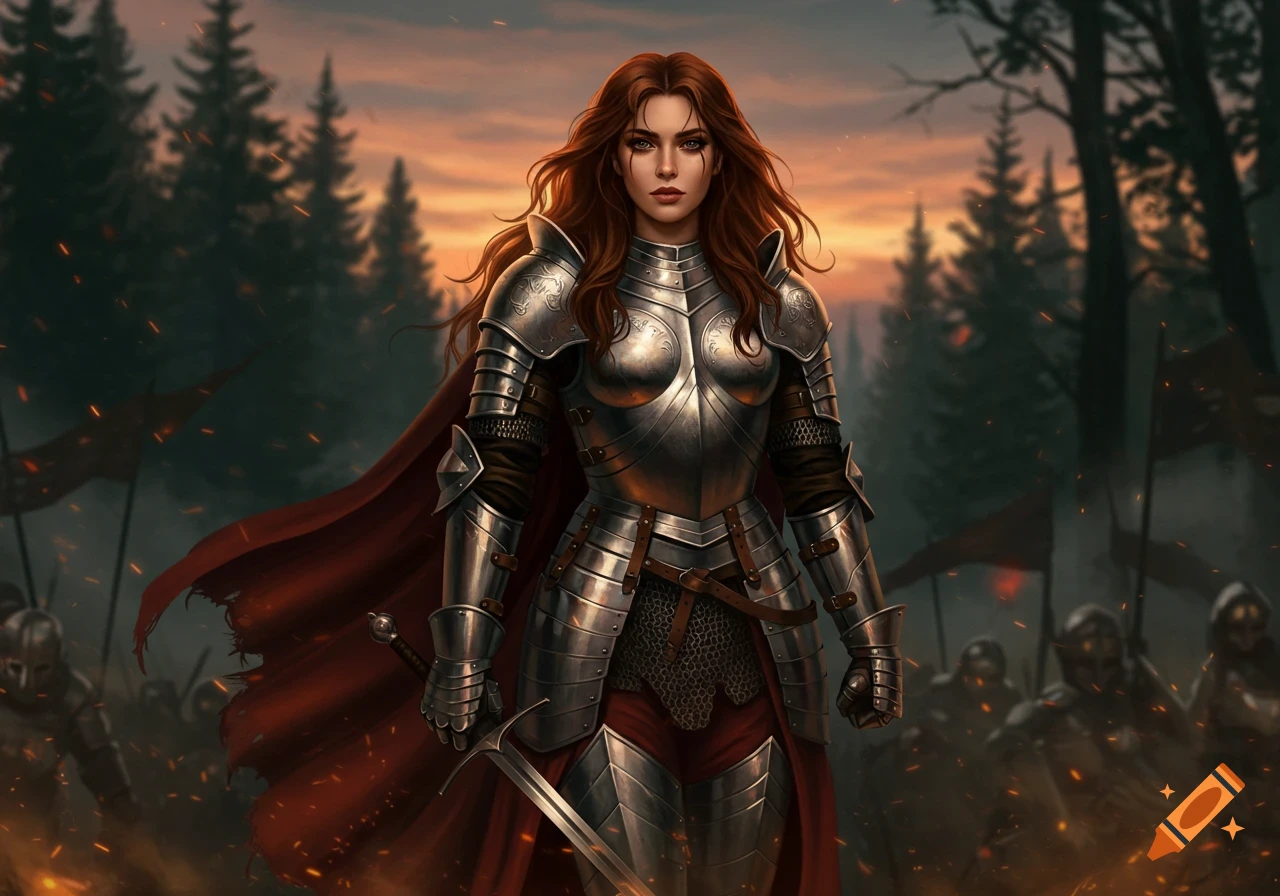 A female knight in shining plate armor stands holding a sword on a smoky battlefield at sunset.