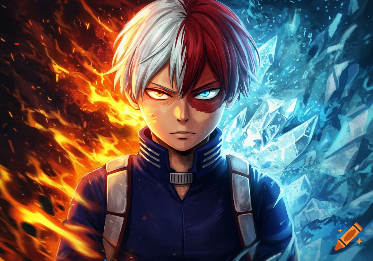 An anime character with split red and white hair, with fire on one side and ice on the other, looking intense.