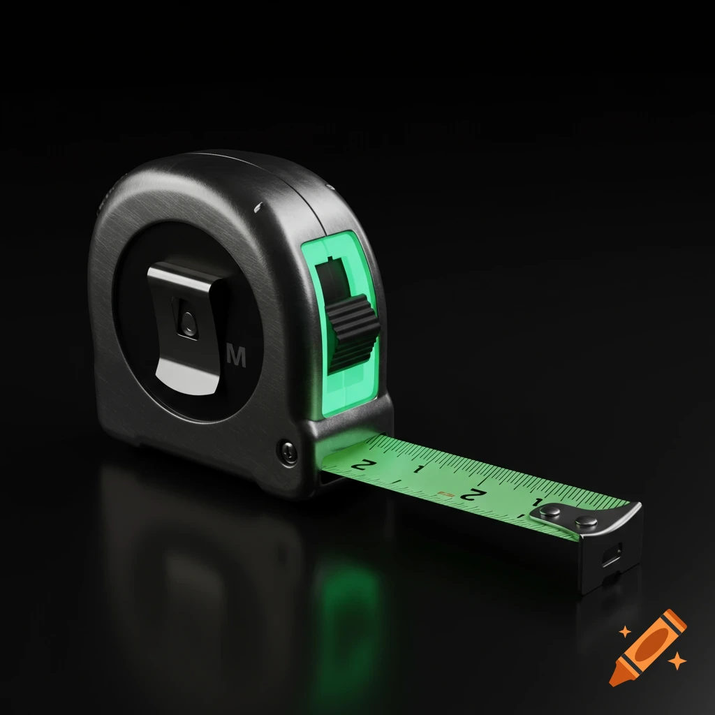 Photorealistic image of a brushed metal tape measure with a glow-in-the-dark green tape extended, against a dark background.