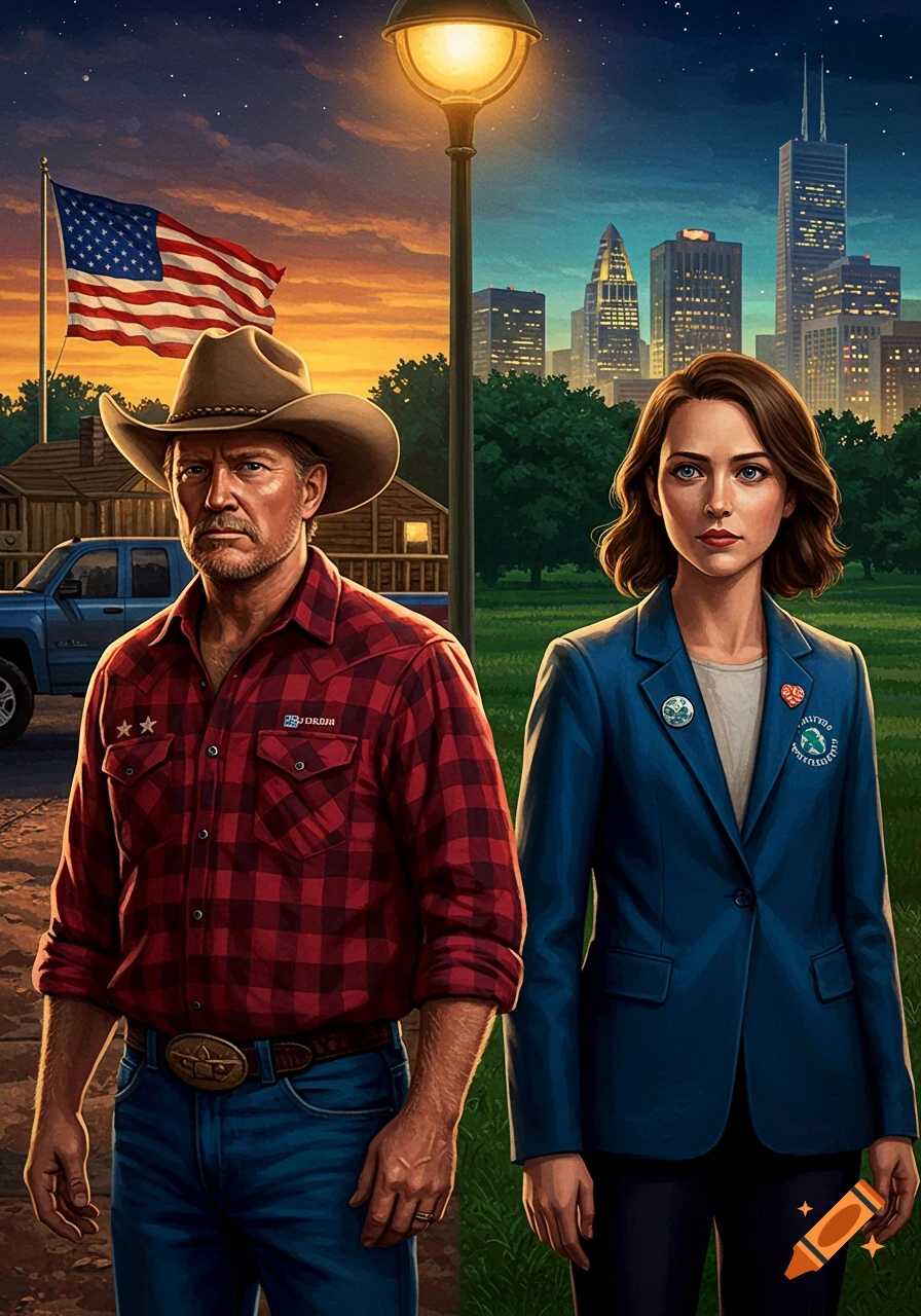 Illustration of a cowboy-hatted man with an American flag and rural home, and a woman in a blue suit with a city skyline, separated by a lamppost.