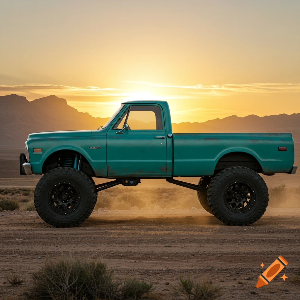 A teal vintage Chevy pickup truck with a lift kit and large tires on a dirt road in a desert at sunset.