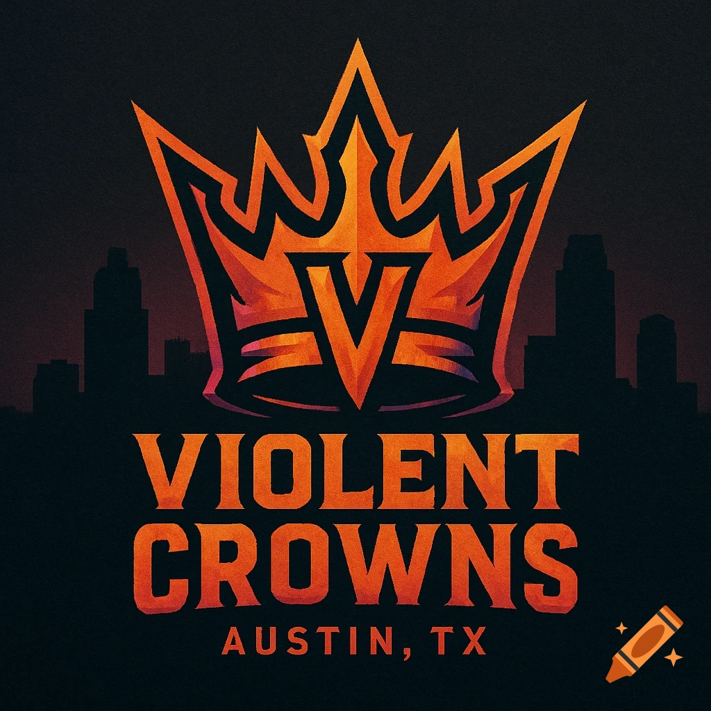 A logo featuring an orange and red crown with a V, above the words VIOLENT CROWNS and AUSTIN, TX, against a dark city skyline.
