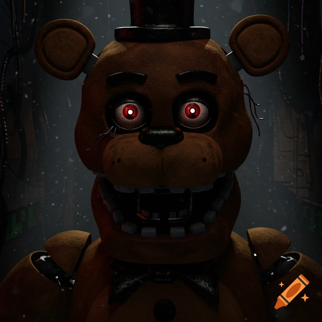 A close-up of Freddy Fazbear, a brown animatronic bear, with glowing red eyes and a top hat, in a dark, dusty room.