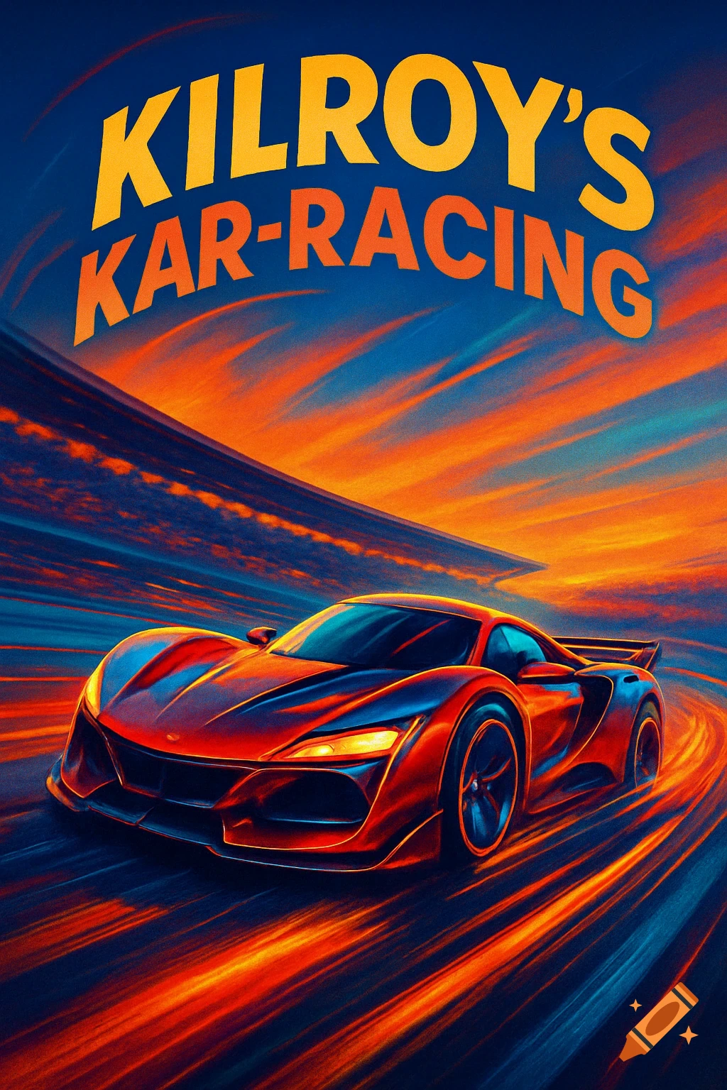A vibrant, stylized poster for 'Kilroy's Kar-Racing' featuring a sleek futuristic car on a track with orange and blue motion blur.