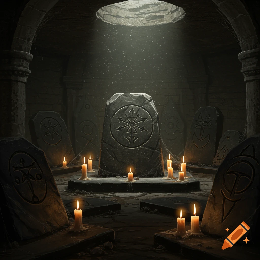 A dimly lit, ancient stone chamber features a large central altar-like slab surrounded by smaller stone tablets, all bearing carved cult symbols, illuminated by light from above and several flickering candles.