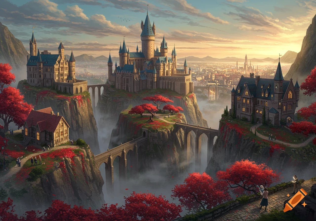 A majestic fantasy castle complex perched on clifftops, connected by bridges over a misty valley, surrounded by vibrant red trees under a sunset sky.