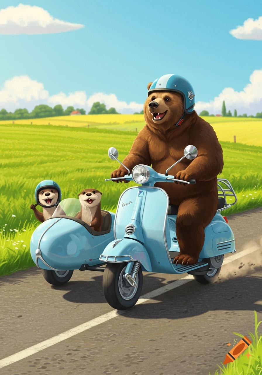 A cartoon bear in a helmet rides a light blue Vespa scooter with two otters in the sidecar through a green field.