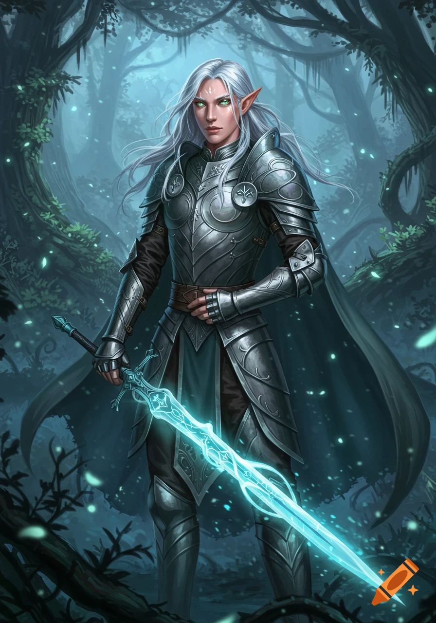 A female elven warrior with long white hair and pointed ears, wearing ornate silver armor and holding a glowing blue magic sword in a mystical forest.