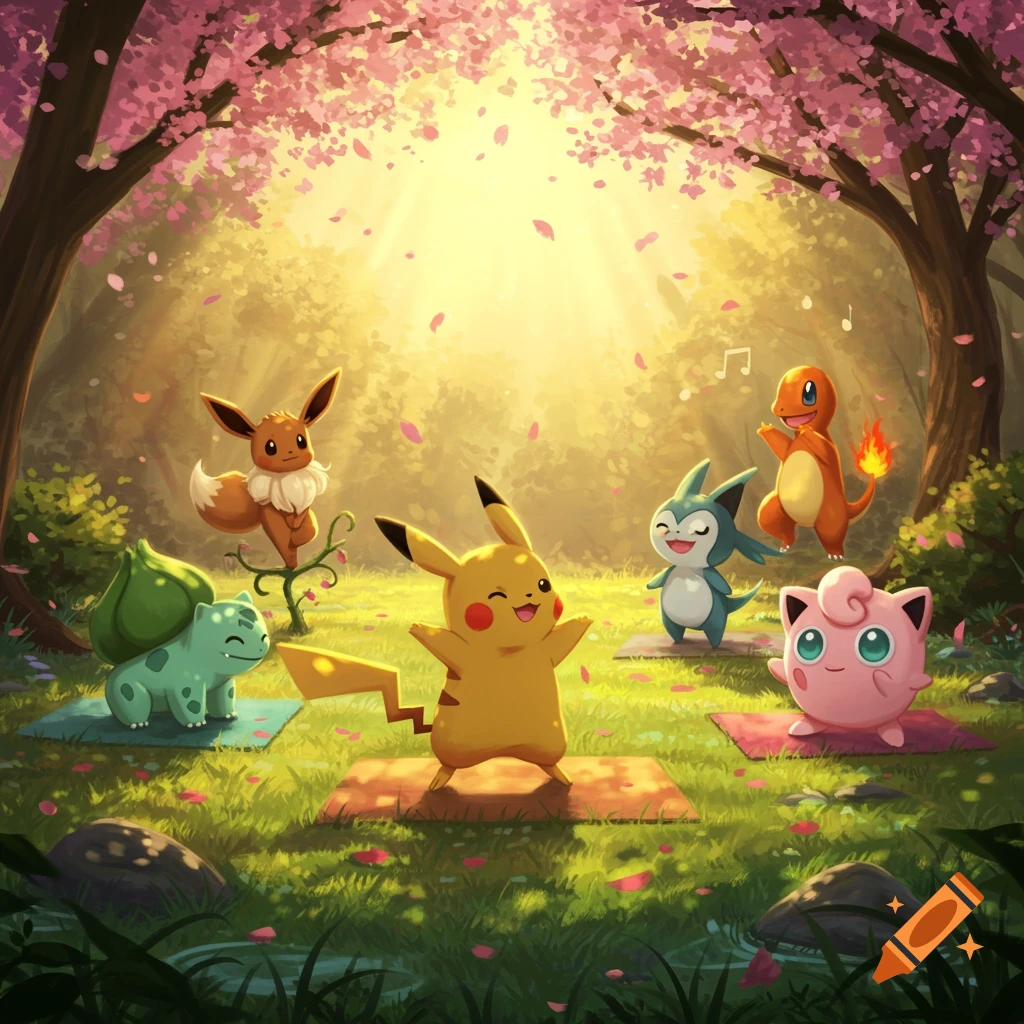 Pikachu, Bulbasaur, Eevee, Charmander, Jigglypuff, and a blue Pokemon practicing yoga on mats in a sunlit forest with pink blossoms.