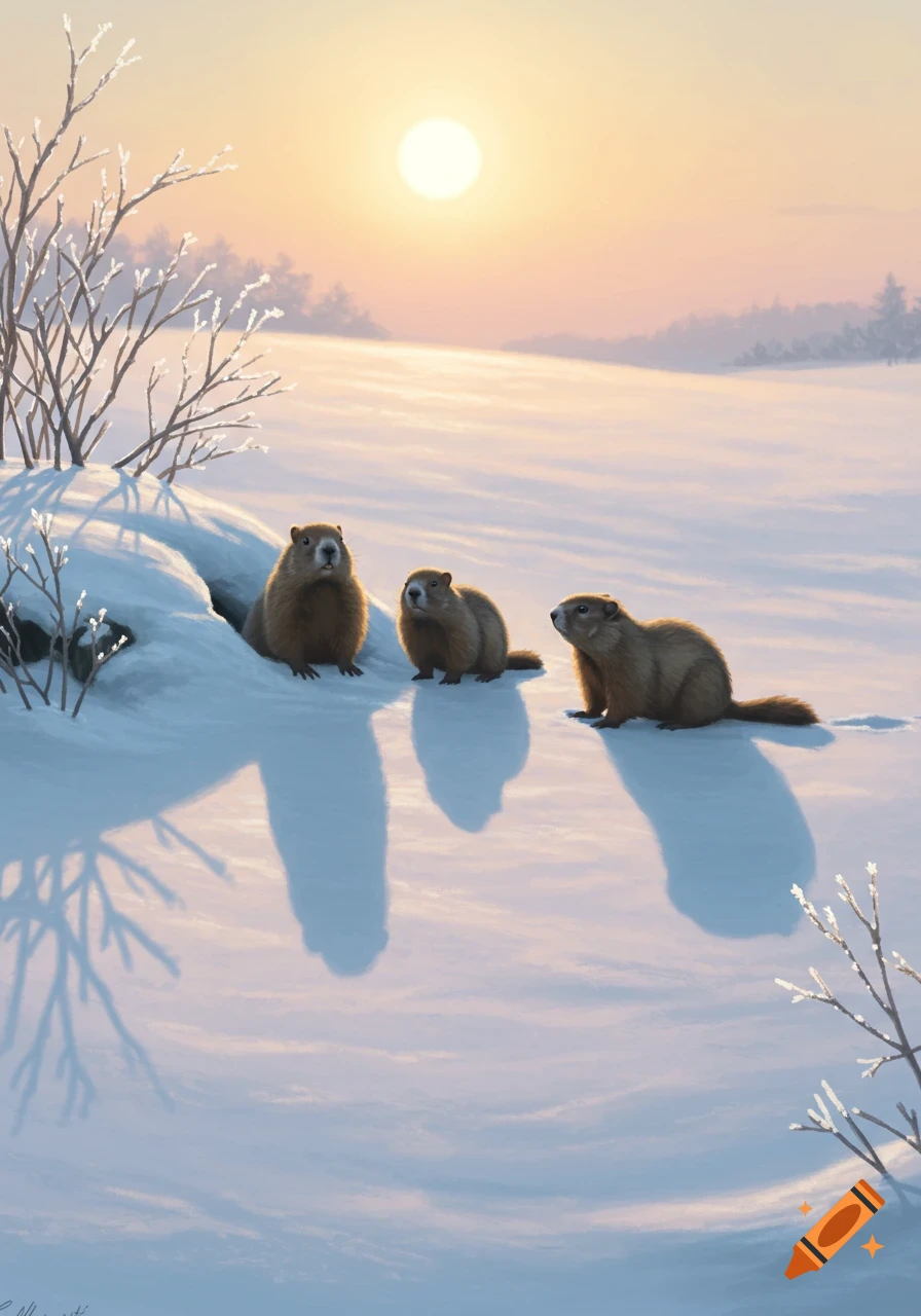 Three groundhogs emerge from a snowy burrow at sunset, casting long shadows on the snow.