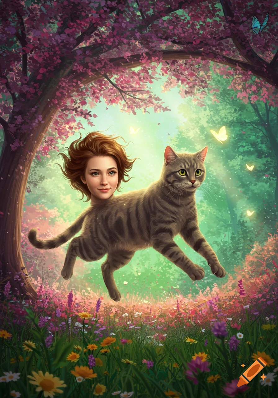 A surreal digital painting of a woman's head on the body of a striped cat, floating through a magical forest filled with pink trees, colorful wildflowers, and glowing butterflies.