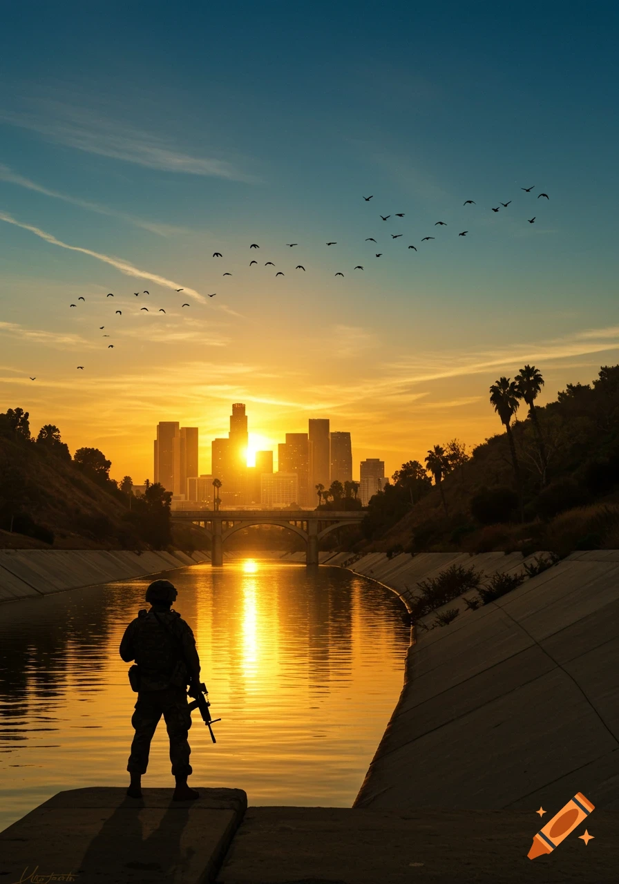 A soldier stands by a river, looking at a city skyline silhouetted against a golden sunset.
