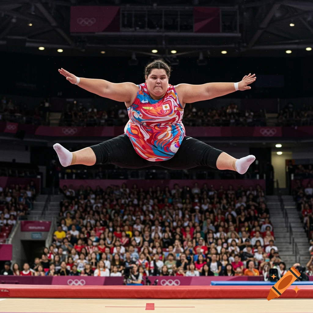 Photorealistic image of a plus-size athlete in a colorful leotard performing a high jump on a trampoline in a packed Olympic arena.