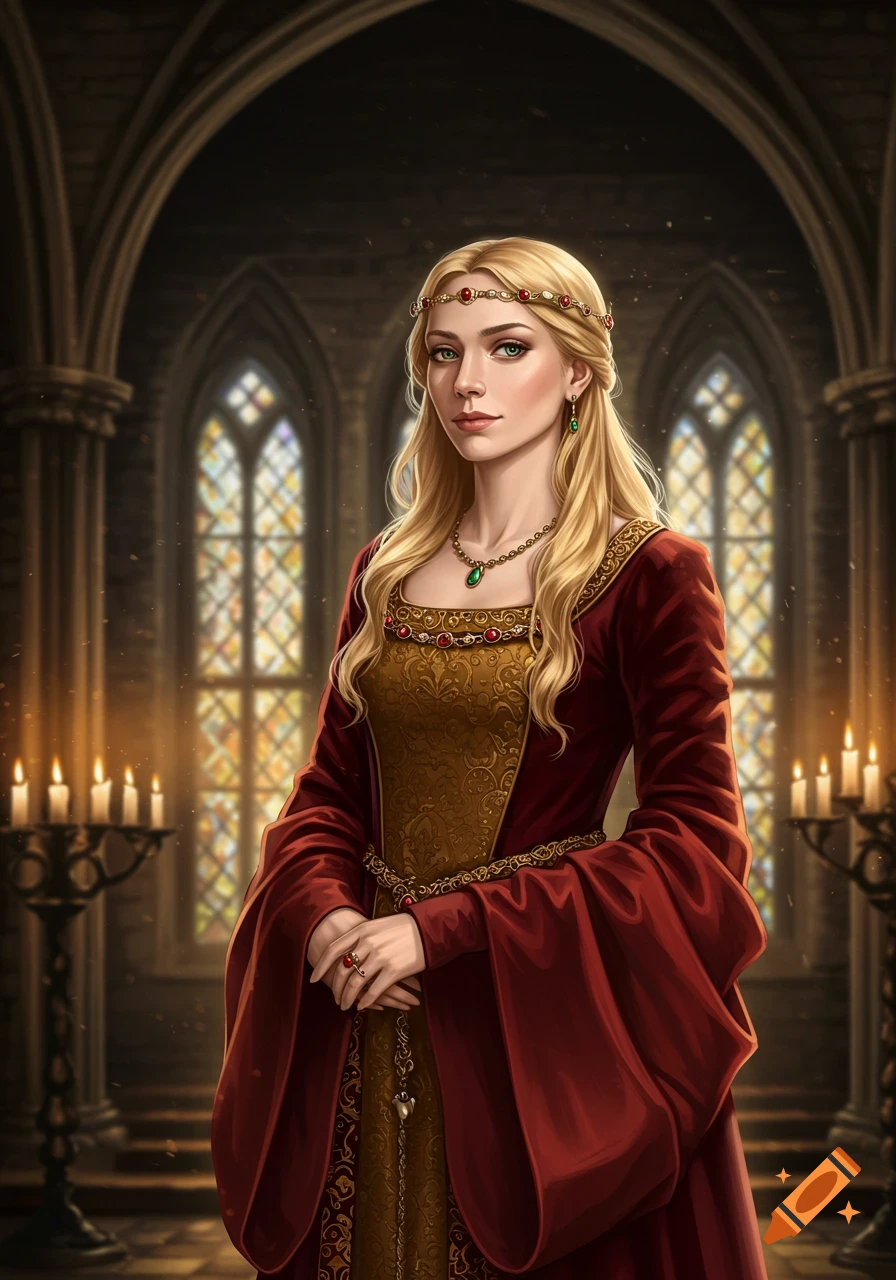 A stately blonde woman in a red and gold medieval gown stands in a Gothic church with stained glass windows and candles.