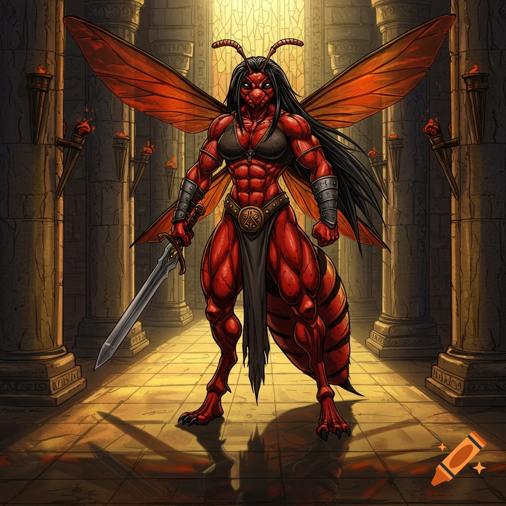 A muscular, red female wasp-humanoid warrior with black hair and wings stands in a temple, holding a sword, in a 2D art style.