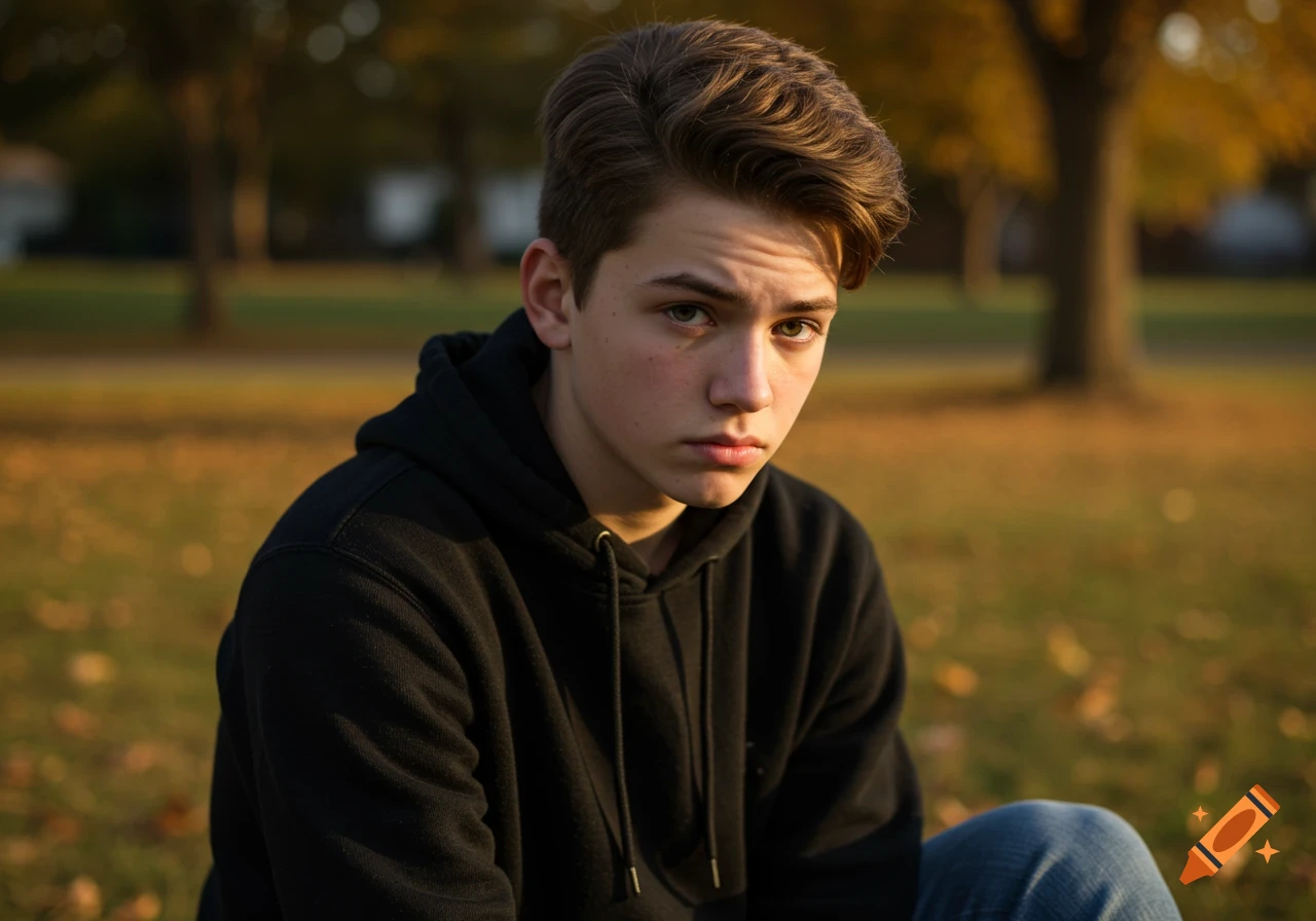A young boy with brown wavy hair and a black hoodie looks directly at the camera in an outdoor setting with autumn leaves.