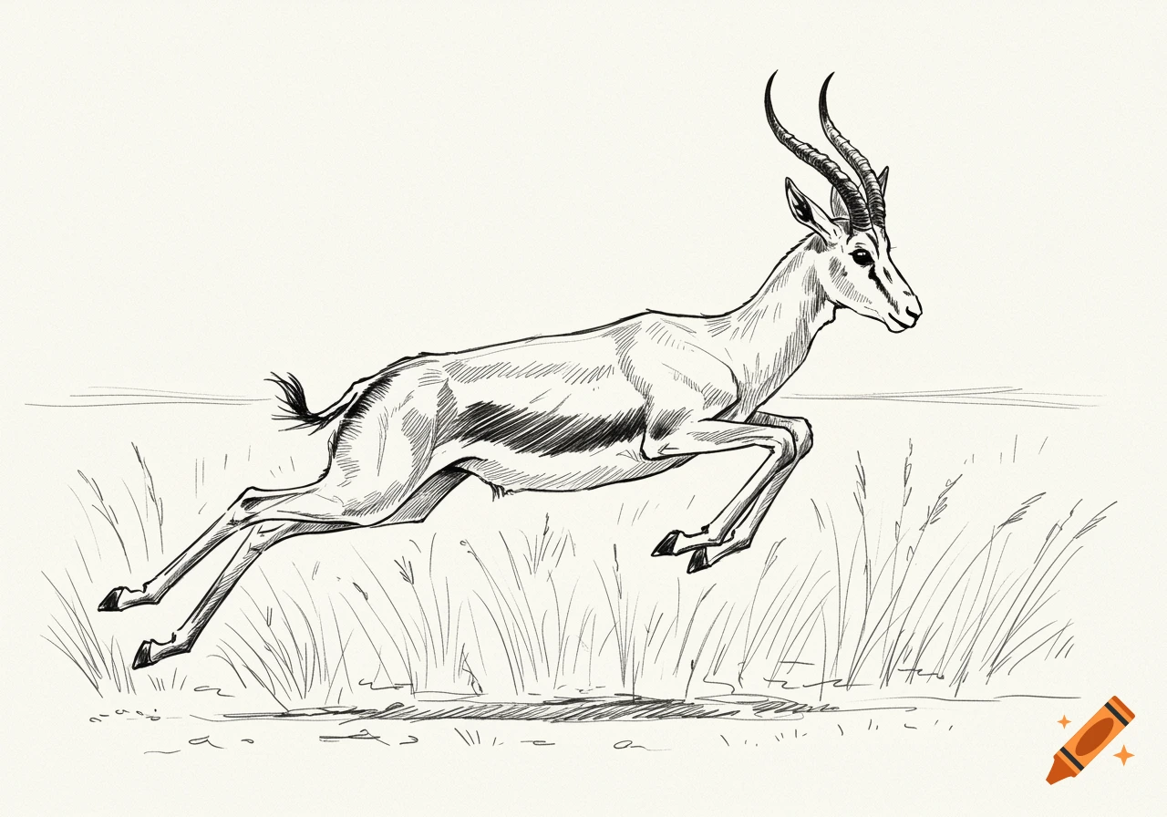 A black and white sketch of a gazelle leaping over grass.