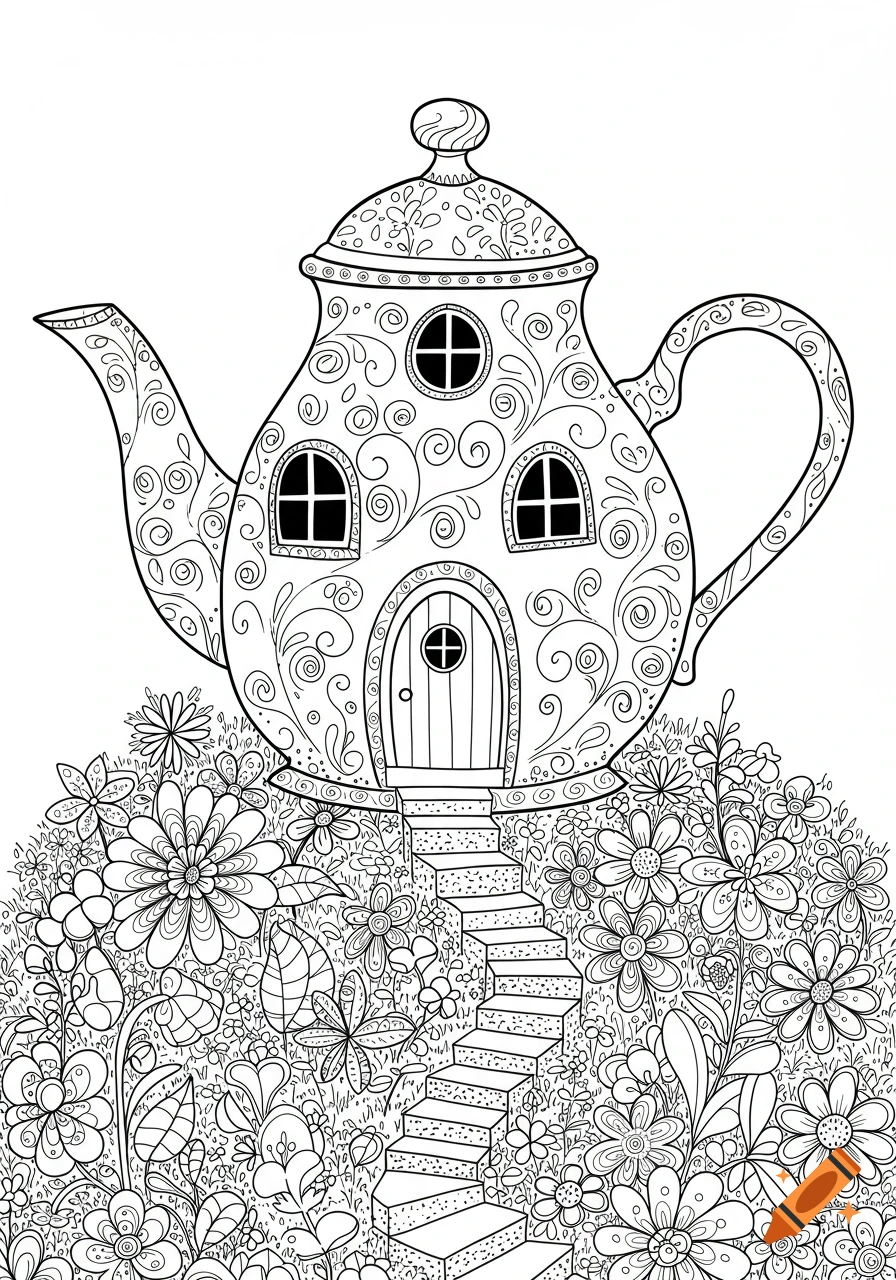 Black and white line drawing of a whimsical teapot house with a door, windows, and stairs, surrounded by flowers in a coloring book style.