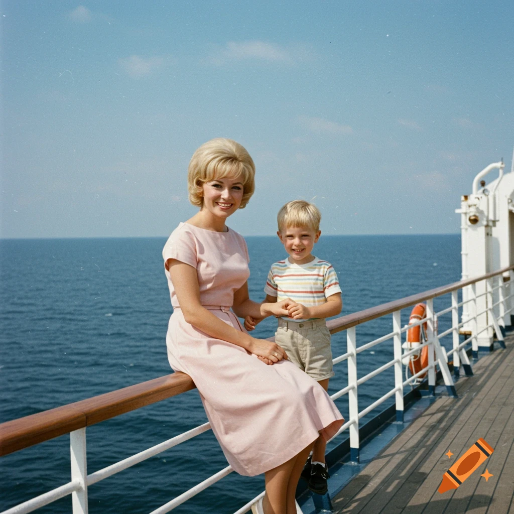 A blonde woman and a young boy smile while sitting on a ship railing with the ocean behind them, vintage photo.