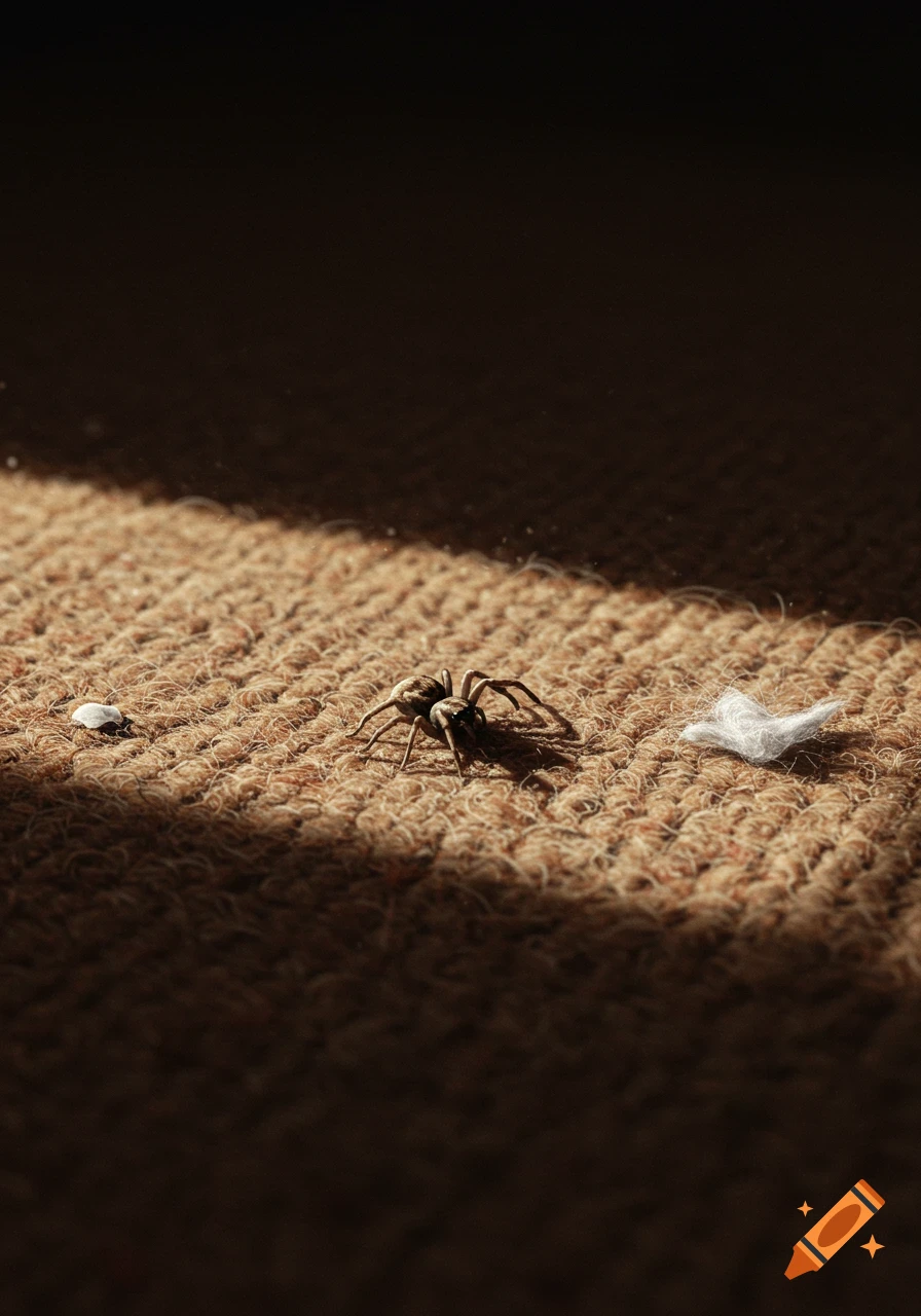 A photorealistic spider on a textured brown carpet, illuminated by a beam of light.