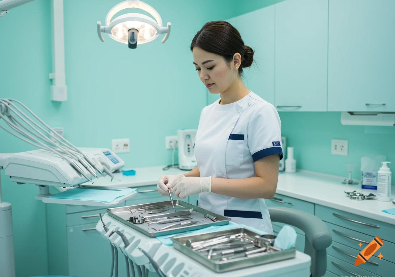A female dental assistant in white uniform and gloves organizes instruments on a tray in a brightly lit dental office.