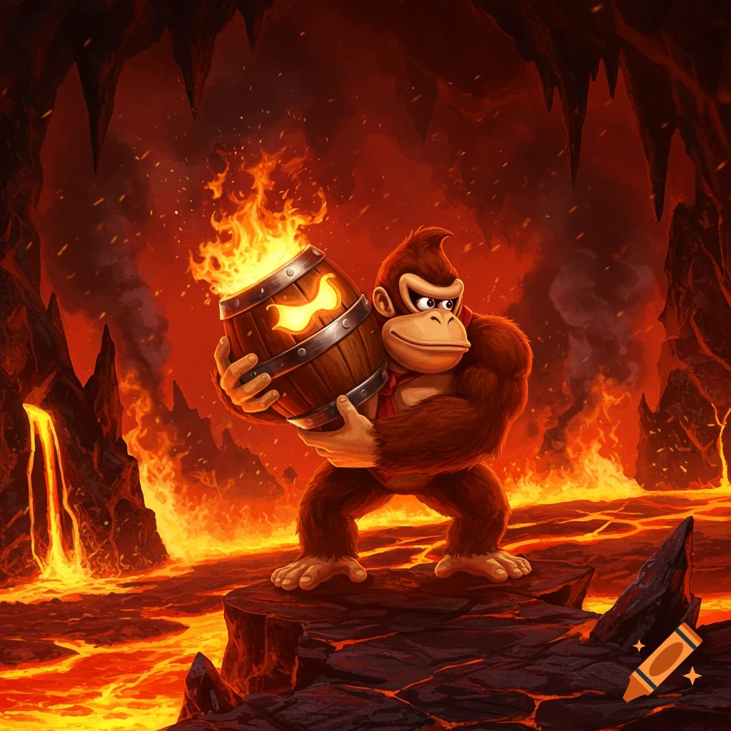 Donkey Kong stands on a rock in a fiery hellscape, holding a flaming barrel with a glowing symbol.