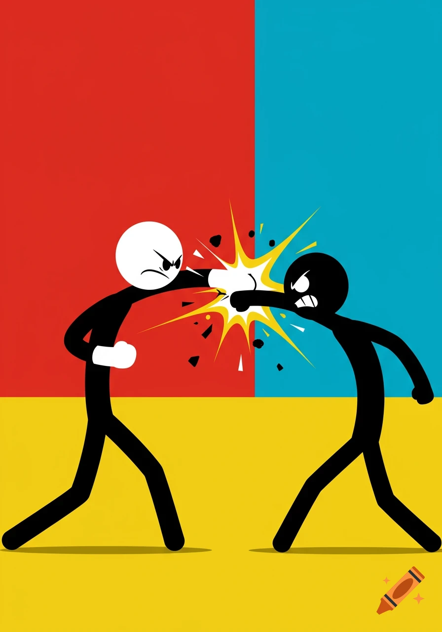 A minimalist cartoon illustration of a white stick figure punching a black stick figure against a red, blue, and yellow background.