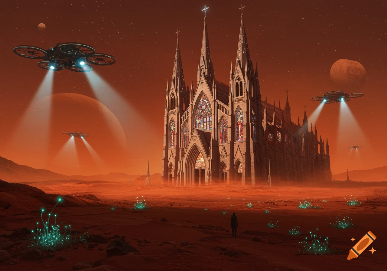 A futuristic Catholic Cathedral stands on a red Martian landscape under flying drones, a lone figure in the foreground.