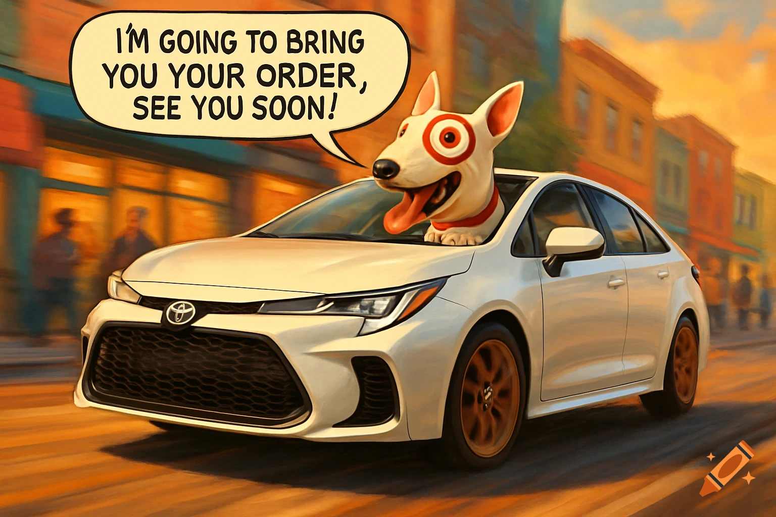 Target's Bullseye dog in a white Toyota Corolla, head out the window, speaking in a speech bubble on a street with buildings.
