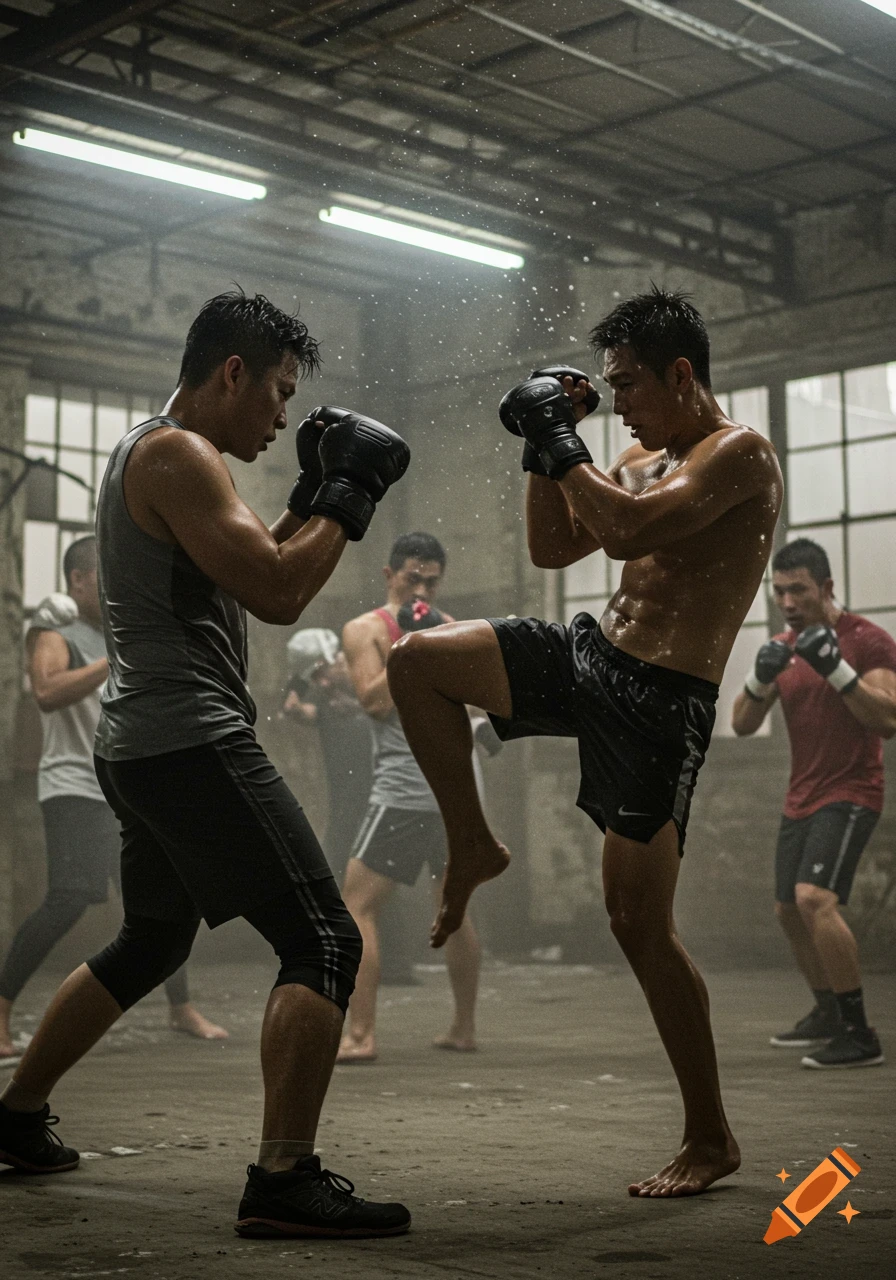 Two men in boxing gloves practice fighting in a dusty, industrial-looking gym with water spraying.