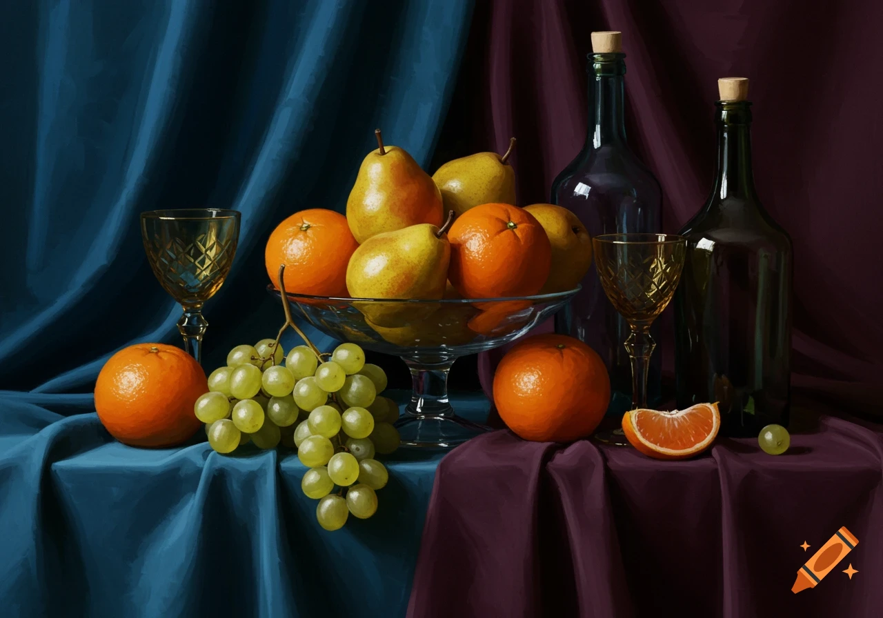 A vibrant still life painting featuring oranges, pears, and green grapes, along with glass bottles and goblets, arranged on draped blue and purple fabric.