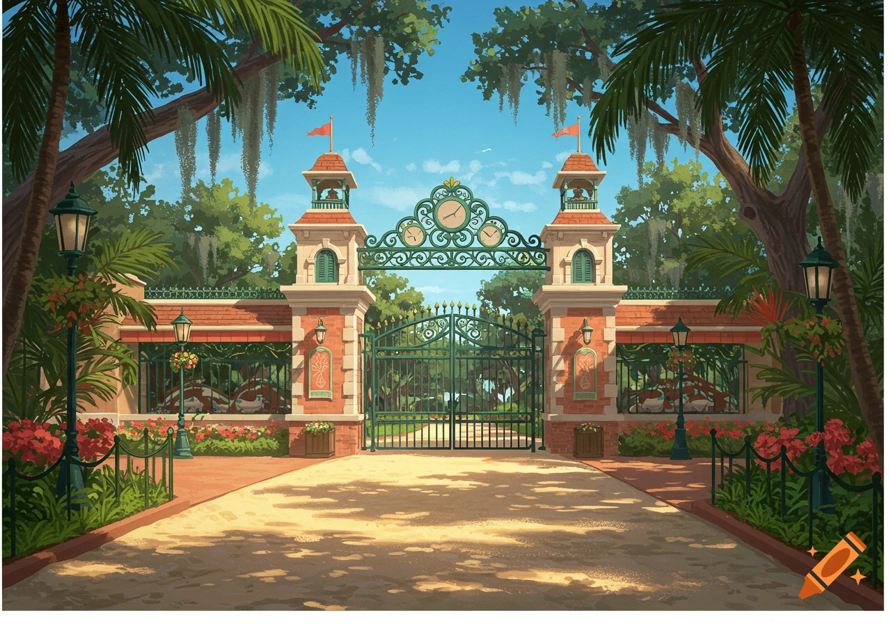 An ornate green gate and stone towers form the entrance to a tropical park, surrounded by lush trees and red flowers under a blue sky.