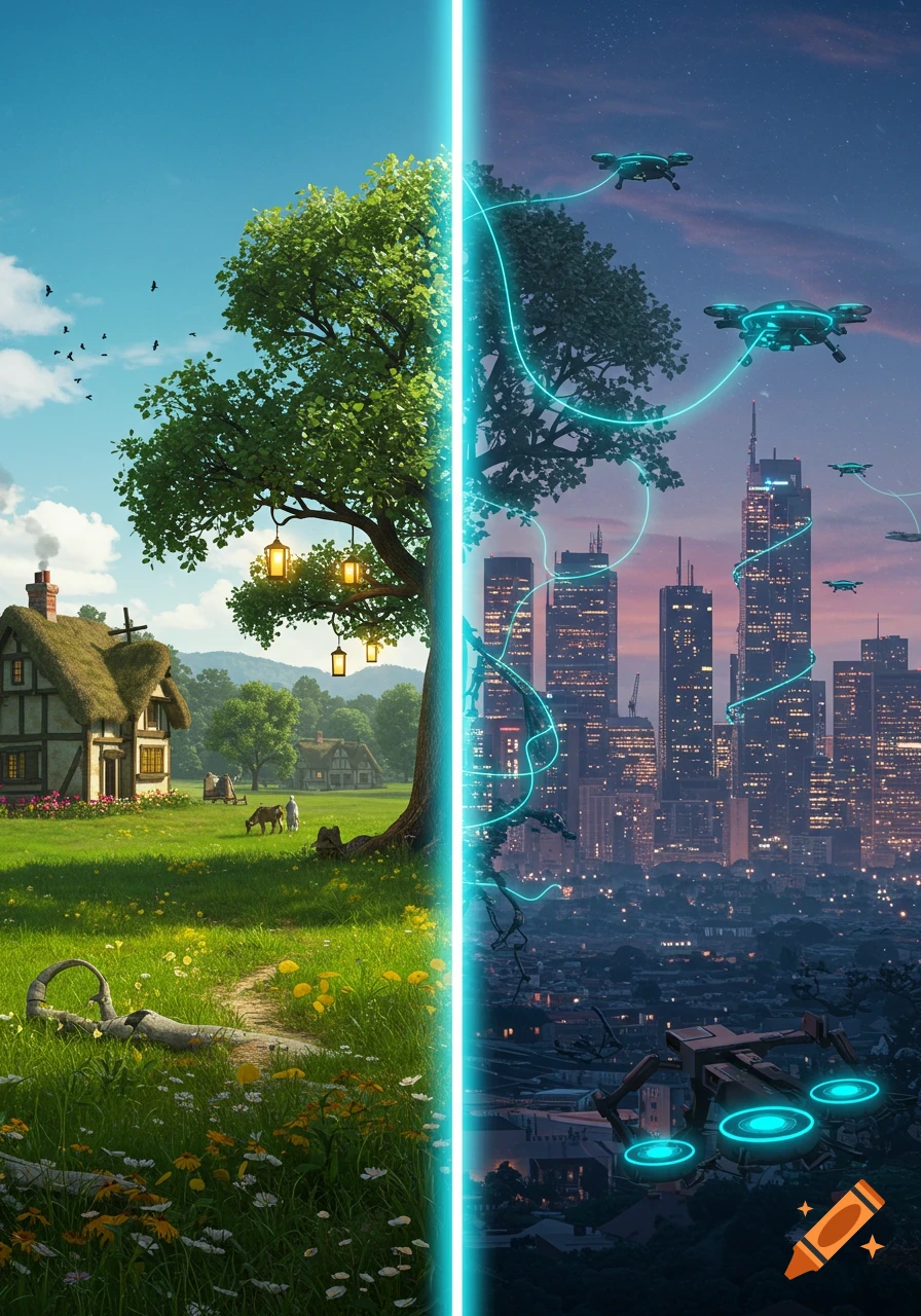A vibrant split image showing a sunny green countryside with a cottage on the left and a dark futuristic city with drones on the right, divided by a glowing blue line.