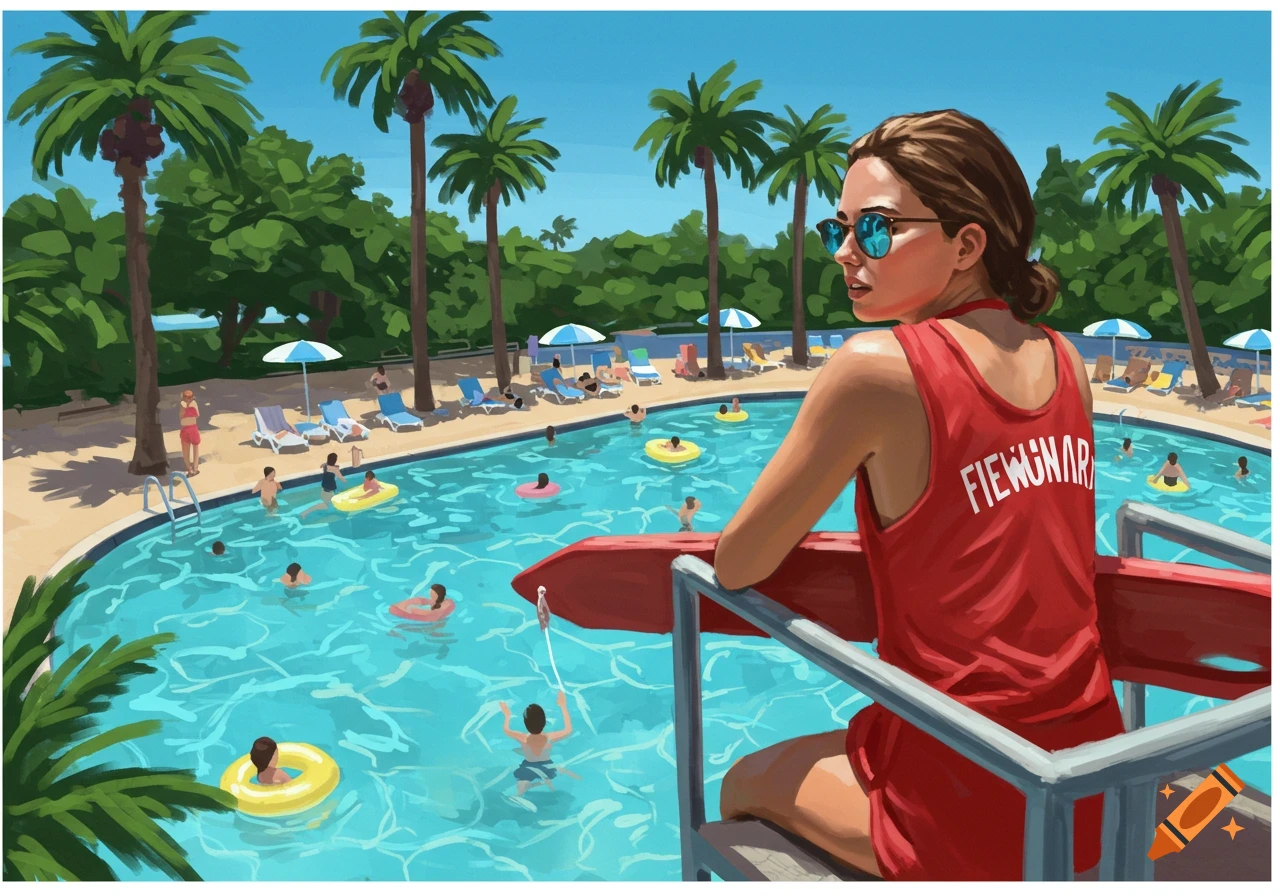 A female lifeguard in a red top watches over a bustling outdoor swimming pool filled with swimmers and floaties, surrounded by palm trees.