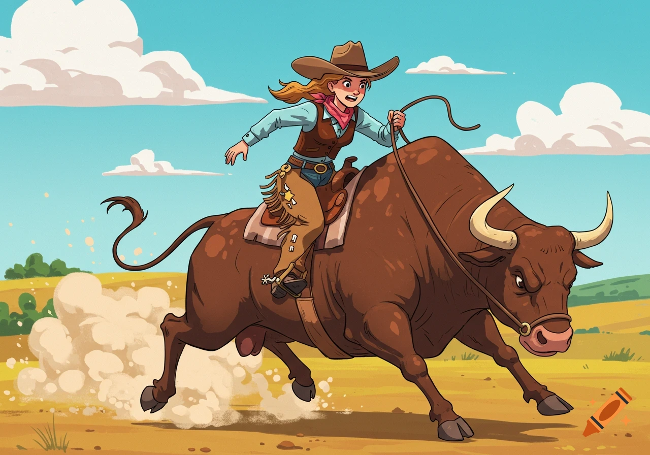A determined cowgirl in a hat and chaps rides a bucking brown bull, kicking up dust in a cartoon style.